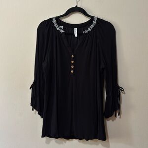 Black Embroidered Neckline Peasant Blouse - Women